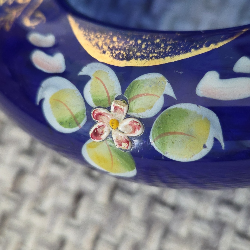 Hand-Painted Floral Cobalt Blue Glass Trinket Dish/Bowl/Ashtray Czech - Picture 10 of 13